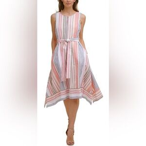 Karl Lagerfeld Paris Sleeveless Striped Asymmetric Handkerchief Midi Dress
